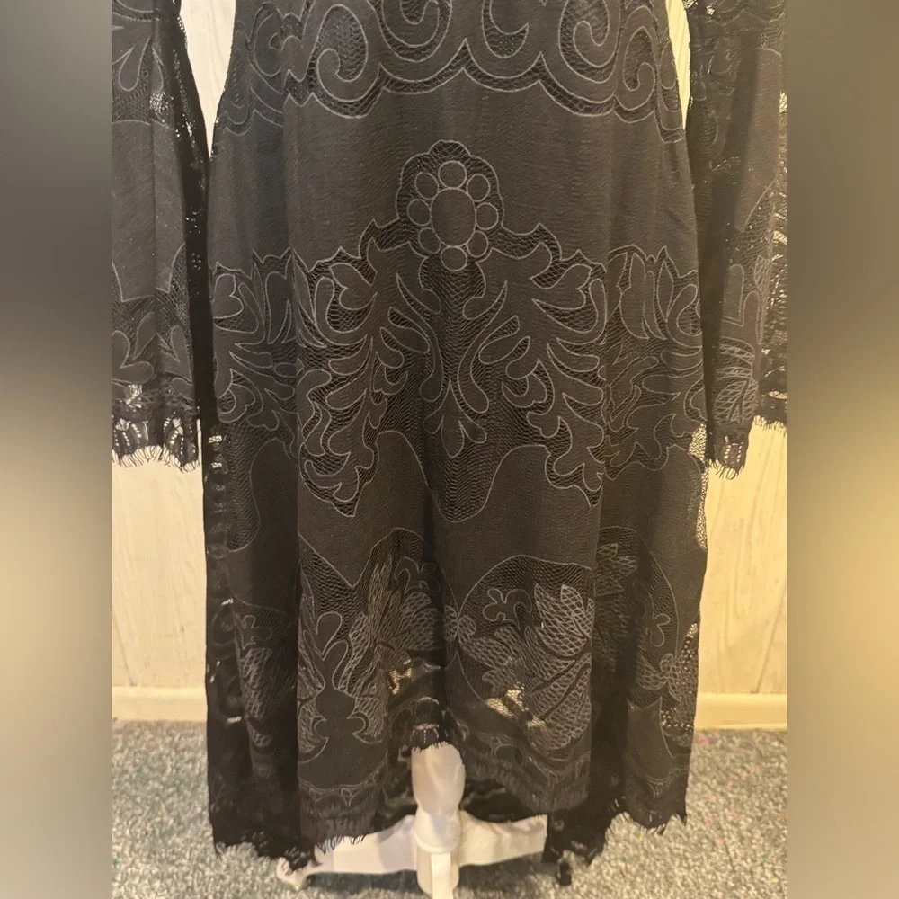 Morena Spain Black Lace High Low Dress with Wide Bell Sleeves, Size L - Picture 3 of 15